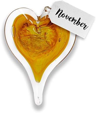 Luke Adams Glass Hanging Hearts – Hand Blown Glass Heart Ornament for Windows or Gifts – Colorful Blown Glass Hearts Decor (November - Citrine)