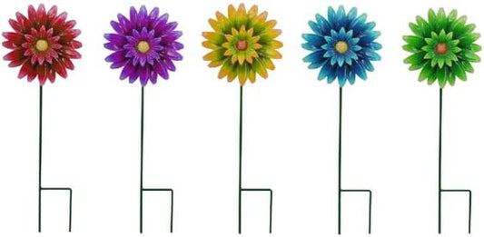 Metal Flower Wind Spinner Garden Lawn Stakes Yard Art, 27inch Lawn Windmill Ornaments Outside Garden Decorations Outdoor for Yard, 5pieces Windmill Gardening Porch Outdoor Summer Decor