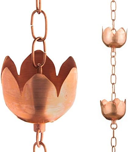 Copper Rain Chain – Decorative Chimes & Cups Replace Gutter Downspout & Divert Water Away from Home for Stunning Fountain Display – 6.5’ Long for Universal Fit – Flower Style