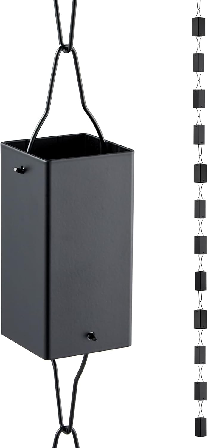 TE DEUM Aluminum Rain Chain, 8.5 Feet Length, 2.36inch Big Size Cup, Black Powder Coated, Functional and Decorative Replacement for Gutter Downspouts, V Gutter Clip Included, Black, 12 Cups