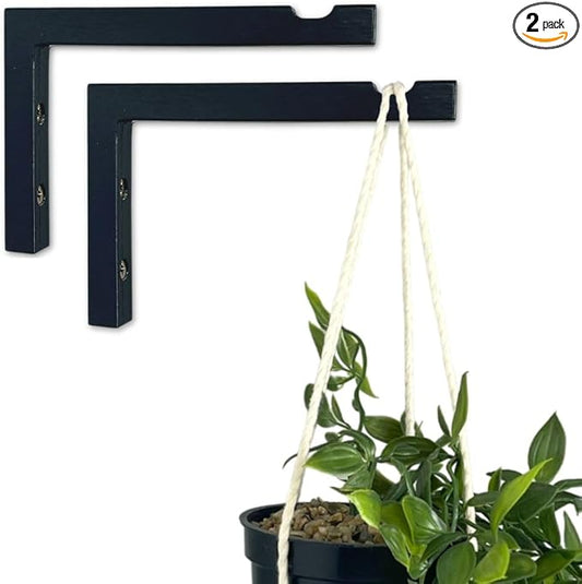 2-Piece Set of Plant Hooks for Wall 6 Inch - L-Shaped Mounted Wooden Plant Hook - Indoor and Outdoor Bracket Plant Hanger for Planters, Lanterns, Bird Feeders and Plant Basket (Black)