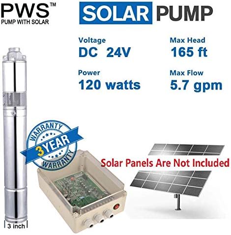 3-Year Warranty Solar Water Pump 24VDC | Stainless Steel 316 Deep Submersible Pump for Boreholes, Ponds | 165ft Head, 5.7GPM, MPPT Controller,JS3-1.3-50