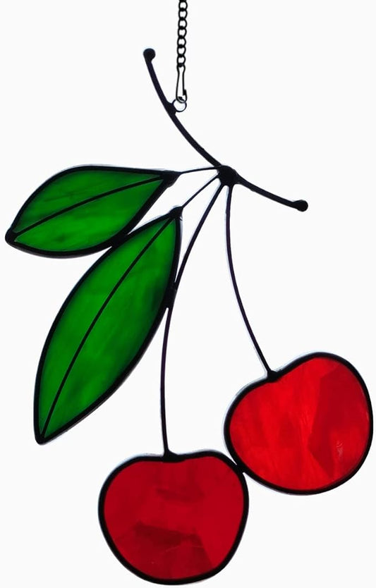 Stained Glass red Cherry Window Hanging Sun Catcher Christmas Thanksgiving Gifts Birthday Gifts for Lover and Friends