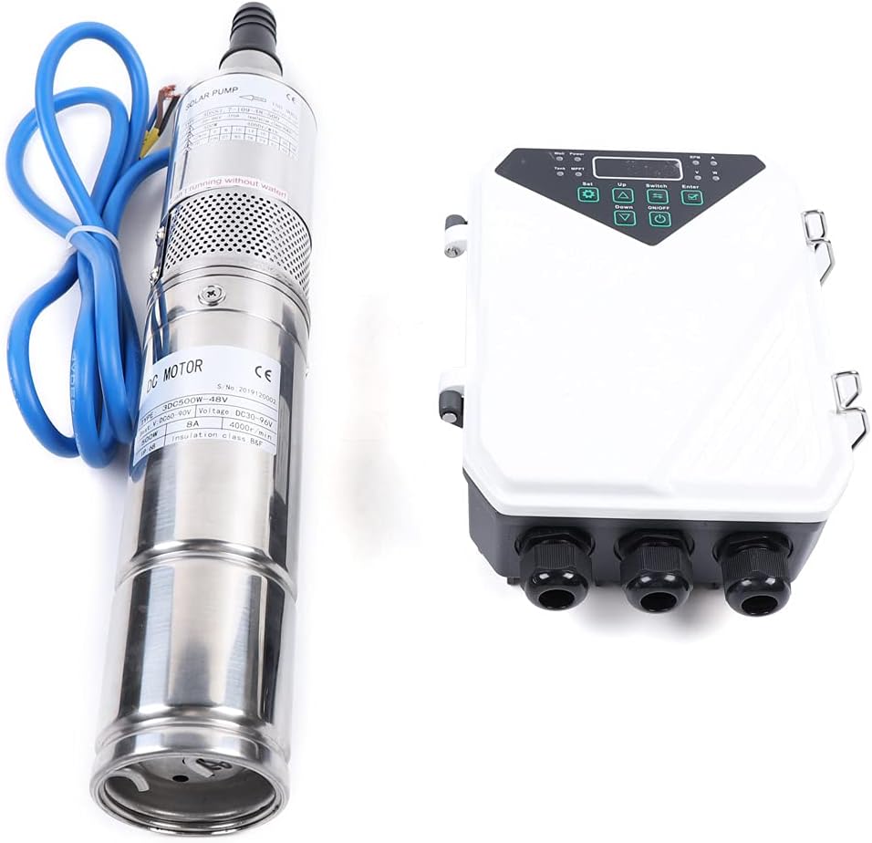 Solar Water Pump, 48V 500W 3In DC Submersible Pump Stainless Steel Deep Well Pump Irrigation Kits with MTTP Controller Float Switch for Home Industry, Garden Irrigation, Farm Ponds