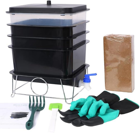 Worm Farm Kit,Worm Composter for Vermicomposting Starter, Indoor & Outdoor Worm Composter, Worm Compost Bin for Recycling Food Waste (Black,4-Tray 20L)