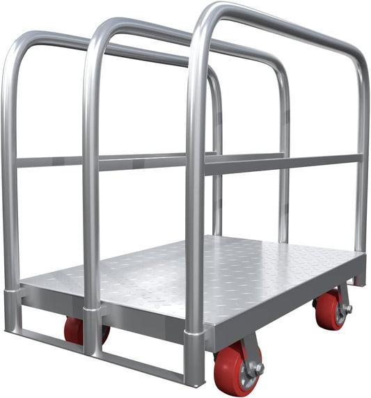 Steel Panel Truck Cart, Platform Truck, Heavy Duty Lumber Drywall Dolly, Flatbed with 2500 lbs Capacity and 4 Swivel Casters, 36x24inch Steel Board with 3 Side Handrails