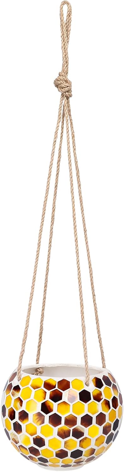 Hanging Planter Mosaic Garden Pot Small Flower Pot for Indoor Plant Disco Ball Hanging Planter with Drainage Yellow Bee