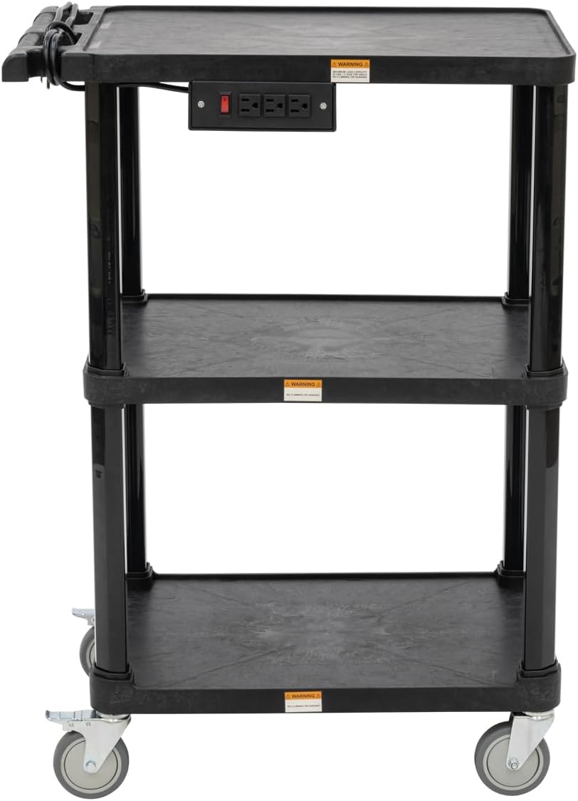 Pearington 3-Shelf Mobile Utility Cart with 3 Outlets and 8' Cord, Heavy-Duty Service Cart for Offices and Warehouses with 3 Shelves, Black