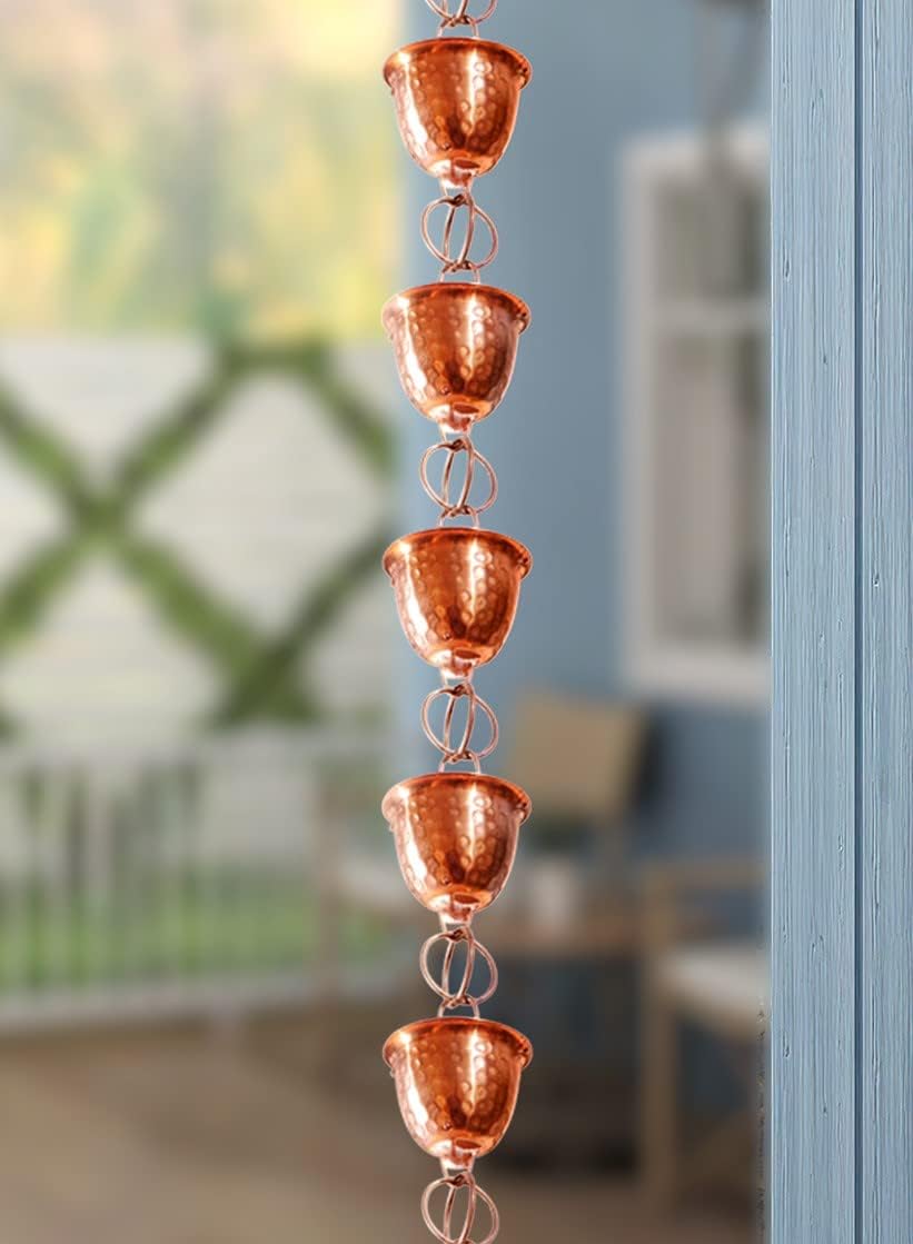 Monarch Rain Chains Pure Copper Hammered Cup Rain Chain, 8.5 ft Decorative Rain Catcher Chain for Gutters, Large Rain Chains for Outside, Rain Gutter Replacement Downspout