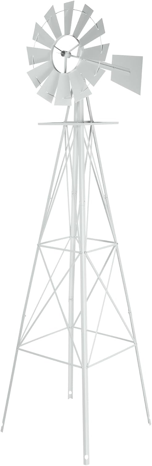 VINGLI 8FT Ornamental Windmill Backyard Garden Decoration Weather Vane, Heavy Duty Metal Wind Mill w/ 4 Legs Design,White