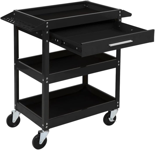 TUFFIOM 3 Tier Rolling Tool Cart with Drawer, Tool Service Cart on Wheels w/2 Brake, 330 LBS Capacity Industrial Heavy Duty Utility Cart, Tool Organizer for Mechanic, Garage, Warehouse & Repair Shop