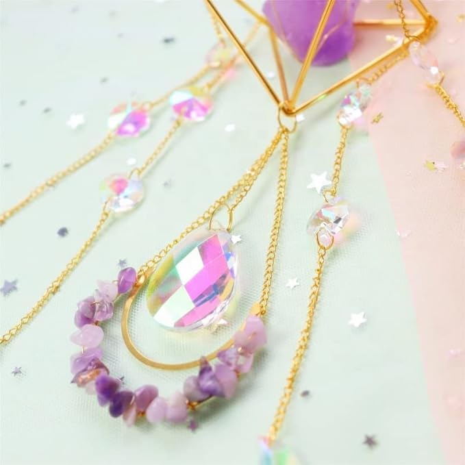 Suncatcher Amethyst Crystal Boho Decor, Spiritual, Purple Gemstone Sun Catcher Hanging for Windows, Rainbow Maker, Crystal Boho Hanging, Natural Stone (Amethsyt)