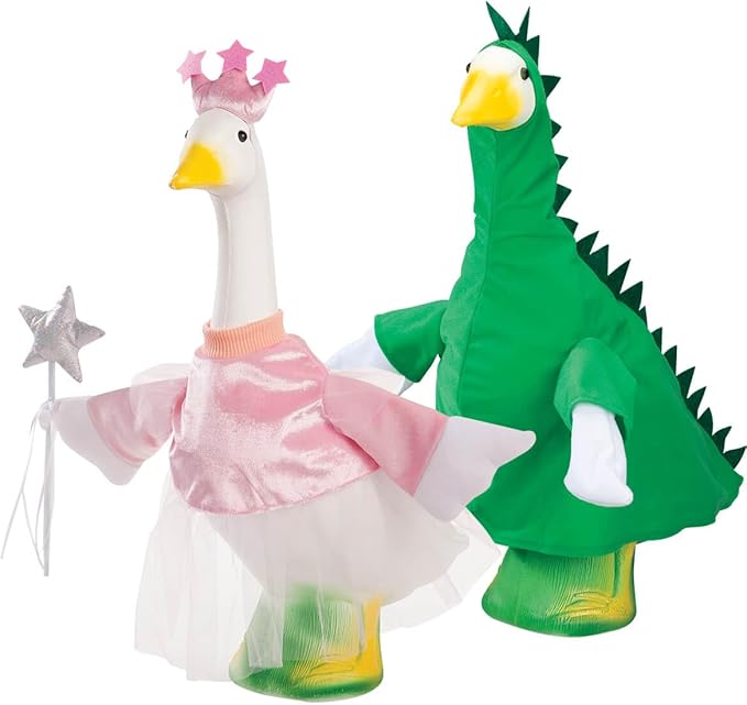Fox Valley Traders Gaggleville Princess & Dinosaur Goose Outfit Bundle - Includes Princess & Dinosaur Goose Outfits, Fits Large 23" H Statue