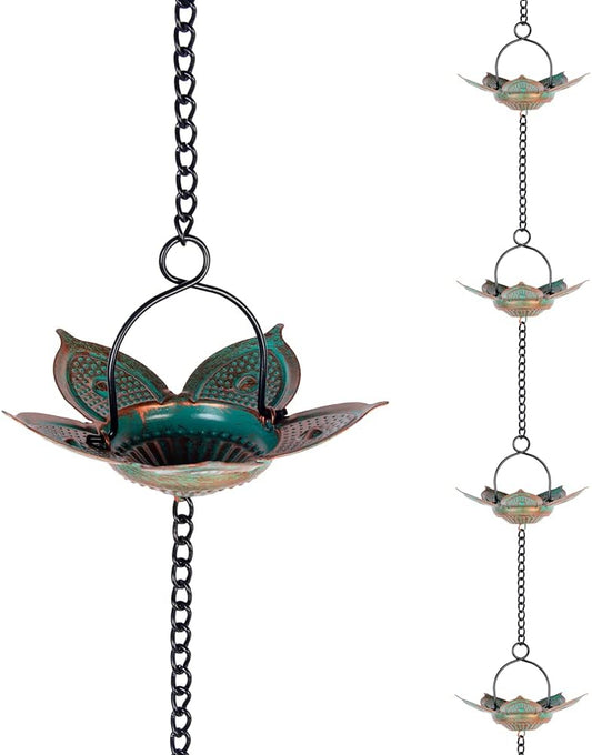 8.3 FT Lotus Rain Chain, Metal Rain Chains for Gutters with 12 Cups, Adjustable Rain Catcher Chain for Eaves Drainage, Replacement for Downspout, Outdoor Decor