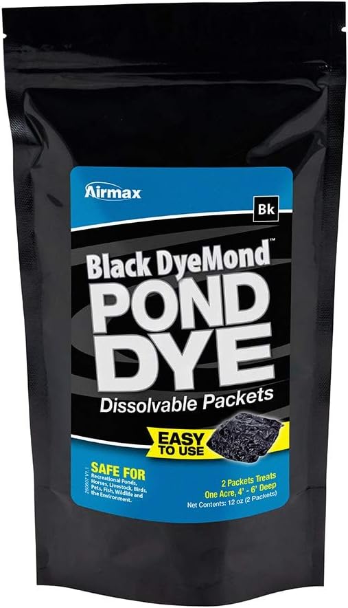 Airmax Pond Dye Packets Black DyeMond Colorant for Large Pond & Lake, Beneficial UV Blocking Color Concentrate, Maintain Clean & Clear Pond, Fish, Bird & Animal Safe, Easy Treatment, 2 Soluble Packets