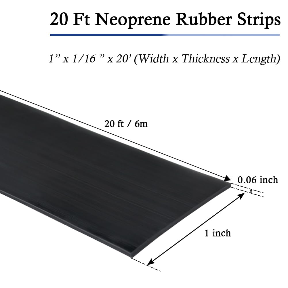 Neoprene Rubber Strips Self Adhesive Solid Rubber Sheets, Rolls & Strips for DIY Gaskets Crafts Pads Seals Warehouse Flooring Neoprene Sheet with Adhesive Backing (1" Wide x 1/16" Thick x 20' Long)