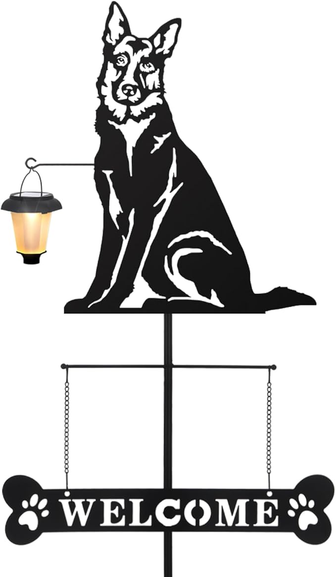 BAYN Solar German Shepherd Silhouette Dog Breed Welcome Sign with a Lantern Outdoor Decorative Garden Stakes for Yard, Lawn, Patio, Pathway
