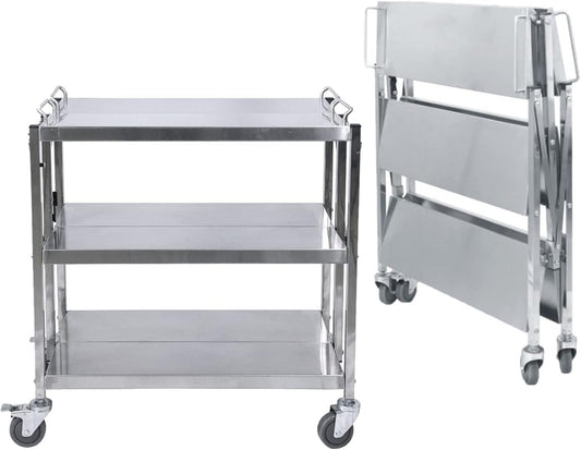 tonchean 3 Shelf Stainless Steel Folding Utility Cart, Collapsible Serving Cart with Wheels, 300lbs Commercial Kitchen Trolley Cart for Restaurant Hotels 25”L x 15.8”W x 37.8”H