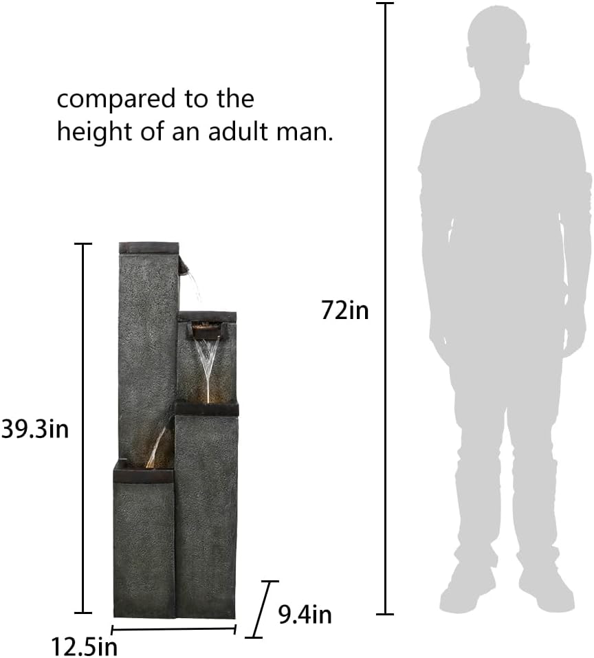 SunJet 4-Tier Modern Water Fountain, Indoor/Outdoor Resin Water Fountains with Soothing Water Sounds, Perfect for Garden, Patio, Home & Office, 12.5" L x 9.4" W x 39.3" H