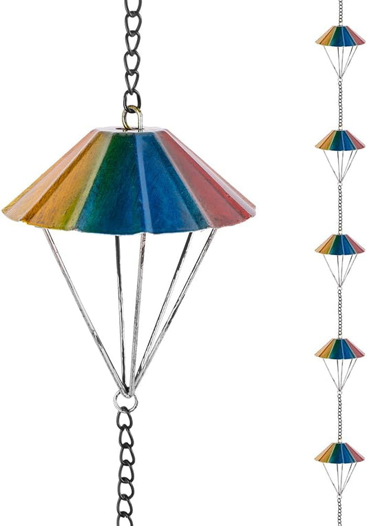 10 Ft Rain Chains for Outside, Colorful Parachute Shape Rain Catcher Chain with 10 Cups for Eaves Drainage, Replacement Downspout for Gutters
