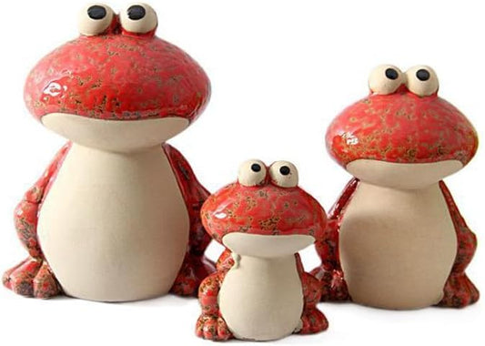 Frog Garden Decoration Set of 3,Funny Cute Ceramic Frog Garden Statues Yard Decoration Outdoor Holiday Decorations,Ideal Ornament for Outside Pond Pool Patio Front Porch Backyard (Red)