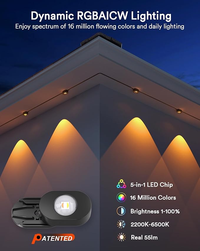 Lumary Smart Permanent Outdoor Lights 2 with Remote & Slide-Base, 100ft with 60 RGBAICW LEDs 3600lm for House Daily & Accent Lighting, 110+ Modes for Christmas Decor, Work with Alexa Google, Black