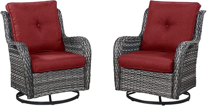 HUMMUH Outdoor Swivel Rocker Wicker Patio Chairs Set of 2, Rattan Rocking Chair Furniture Set(Grey,Red)