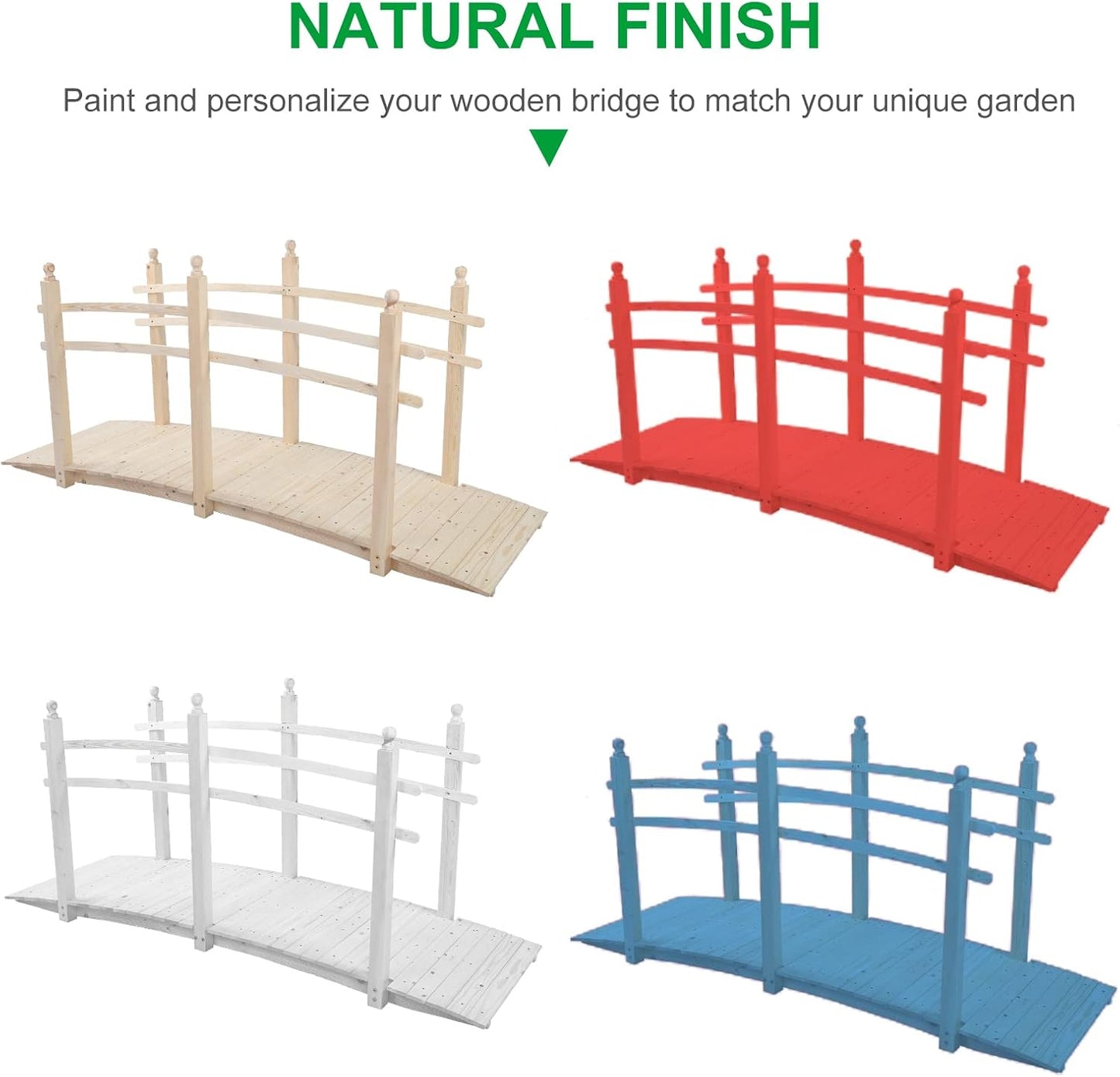 VINGLI 7.5 ft Garden Bridge, Arch Walkway Wooden Bridge with Safety Rails Natural Finished, Decorative Landscaping Footbridge for Koi Pond, Dry Creek Bed, Garden Pathway or Japanese Zen Decor