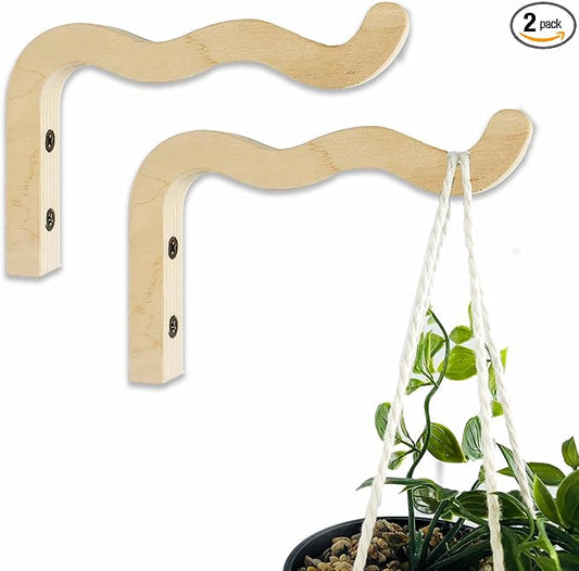 2-Piece Set of Wavy Wooden Wall Planters for Indoor Plants 6 Inch - Natural Plant Hook for Wall Plant, Wind Chimes, Flower Brackets, Patio Garden Decorations - Bracket Plant Hanger (Natural)