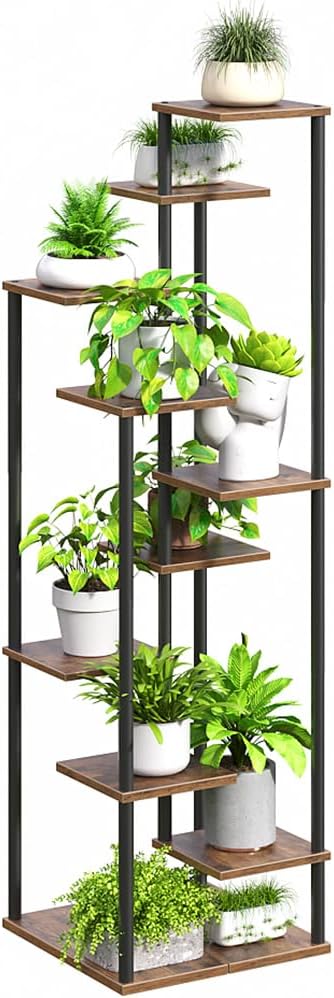 10 Tier Plant Stand Indoor, Tiered Corner Plant Shelf Flower Stand for Living Room, Balcony, Patio, Garden, Rustic Brown and Black