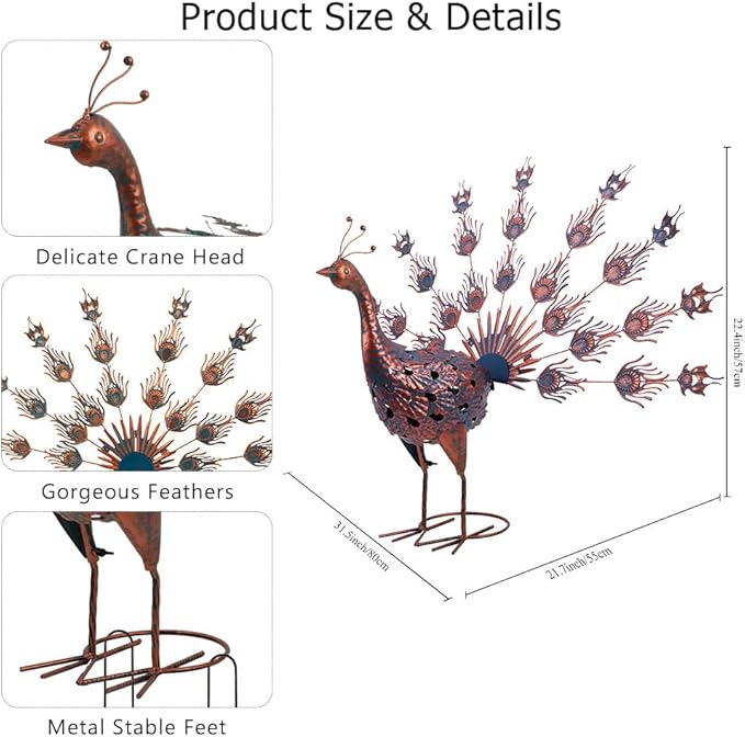 VEWOGARDEN Peacock Outdoor Statues Metal Peacock Tail Spread Garden Sculptures & Statues for Yard Lawn Patio Pool Outside Decorations, Blue & Bronze