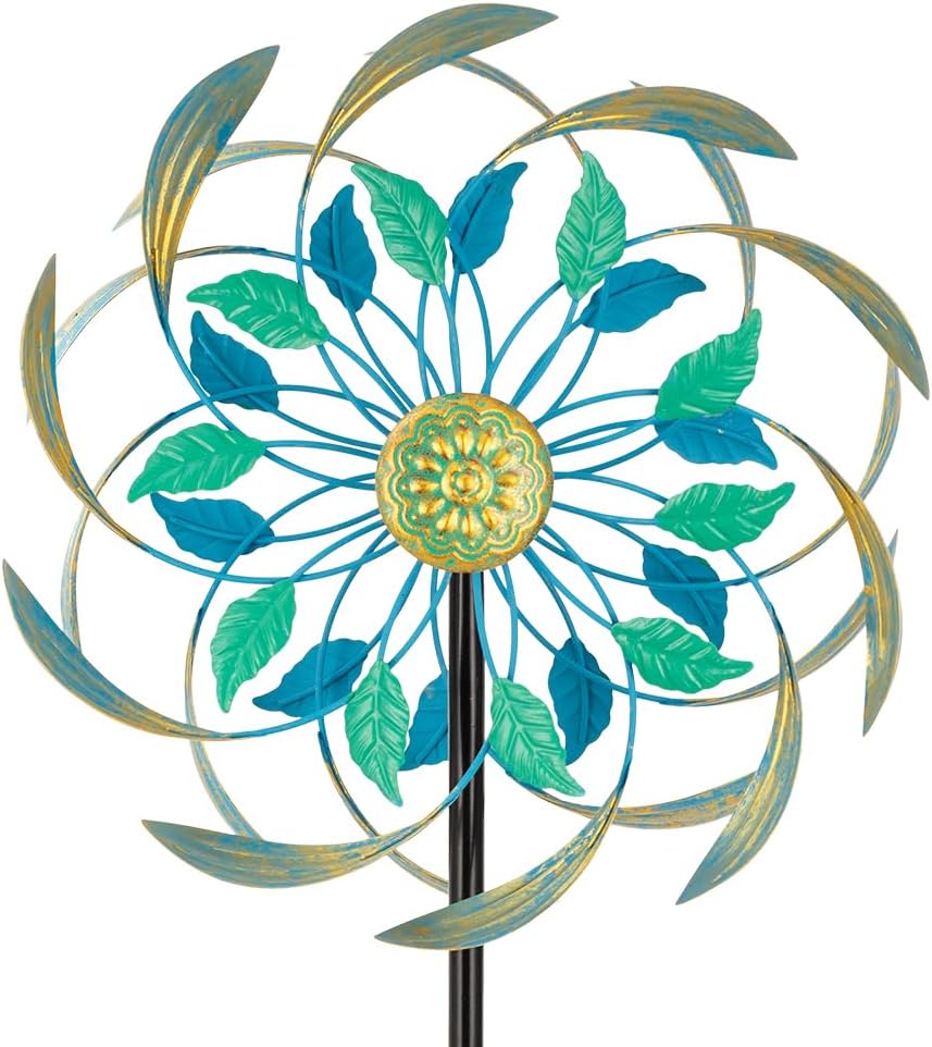 Metal Wind Spinners Outdoor,13'' Dia Green Double Wind Spinner & Sculpture,Waterproof Garden Windmill for Yard Art Decorations