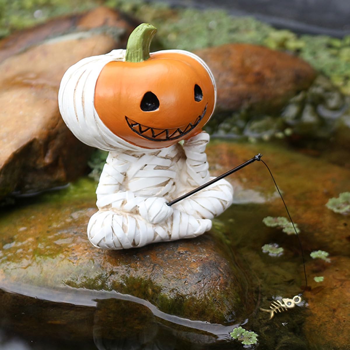 Fishing Pumpkin Head Mummy Statue Funny Halloween Decorations, 3.15 Inch Cute Sitting Figurine Shelf Sitter Resin Sculpture for Outdoor Garden Yard Lawn Pond Waterfalls Pool Ornaments
