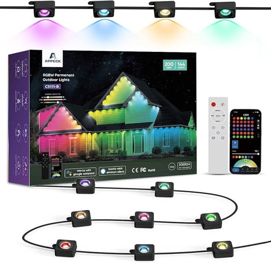 APPECK Permanent Outdoor Lights 200ft with 144 LED Lights, 72W Smart RGBW Eaves Lights, DC 36V, 40LM, IP67 Waterproof String Lights for Halloween Christmas Decor, Compatible with Alexa, Black