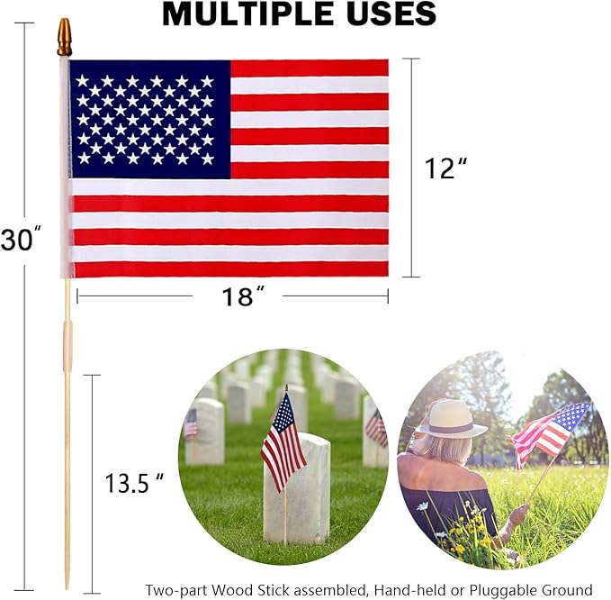 12 Pack 12x18 Inch American Flags for Outside, US Flags with Kid-Safe Spear Top ,American Flags on Stick, Patriotic Decorations,Perfect for Flag Day, Memorial Day, Independence Day Patriotic Holiday Yard Garden Flags
