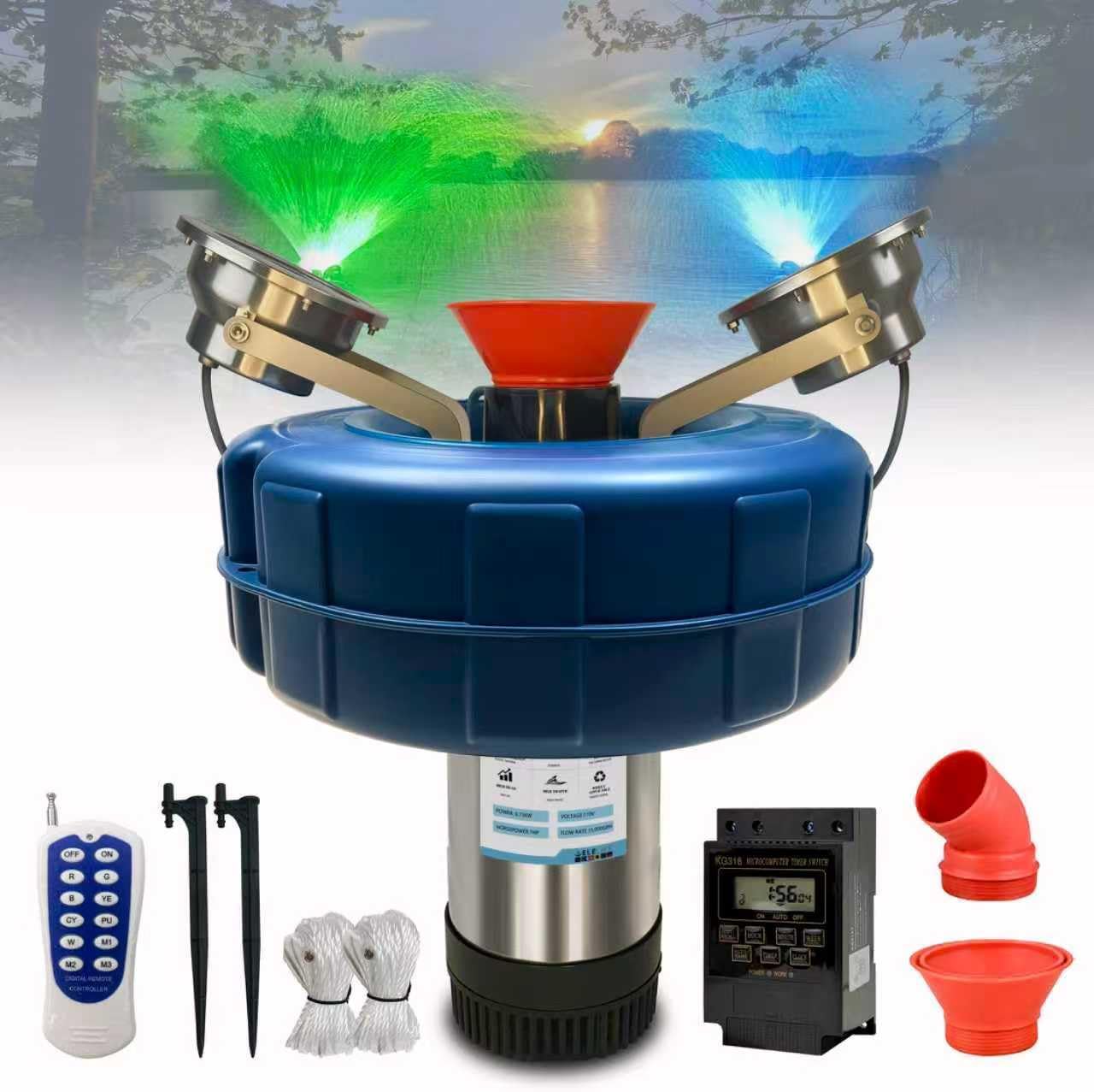 RGB LED Pond Fountain Aerator 750W with Color-Changing Light Show, 1HP 15000 GPH Floating Aerating Pump, 100ft Power Cord, Wireless and Time Control, Perfect for Ponds & Lakes (RGB)