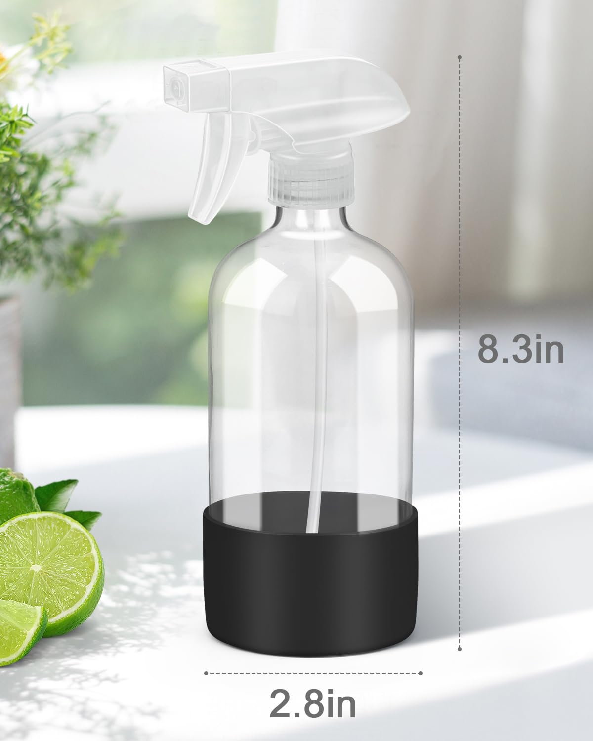 Glass Spray Bottles with Silicone Sleeve Protection, Empty 16OZ Reusable Spray Bottles, Refillable Containers with Spray Nozzles for Cleaning Solutions, Plants and Essential Oils 1 Pack Black