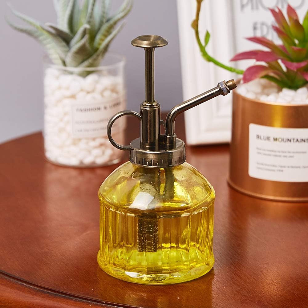 Glass Plant Mister Spray Bottle, 6.5" Tall Vintage Plant Spritzer Sprayer Mister, Succulent Watering Bottle with Top Pump, Small Glass Watering Can for Indoor Outdoor Houseplant - Yellow