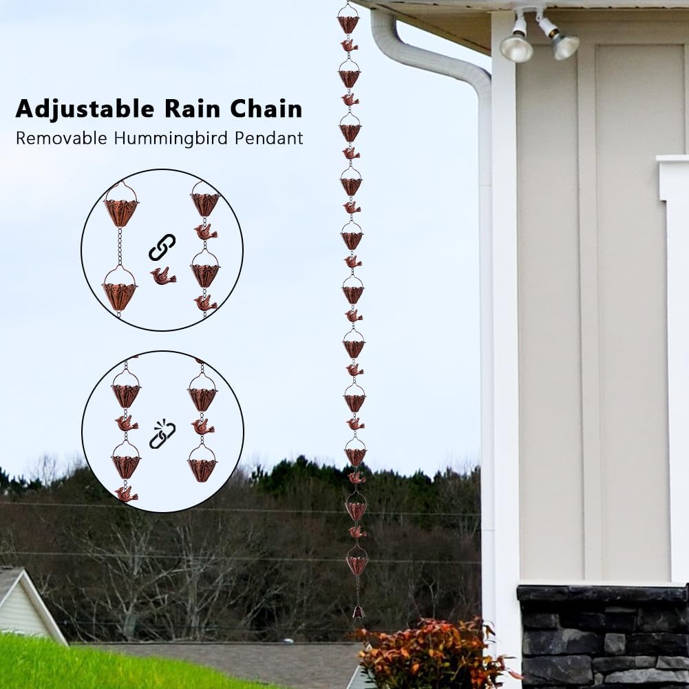 9.3 FT Rain Chain, Metal Rain Gutter Chains with 12 Cups & Detachable Hummingbird Decor, Adjustable Rain Catcher Chain with Bell for Outdoor Decor, Replacement for Downspout