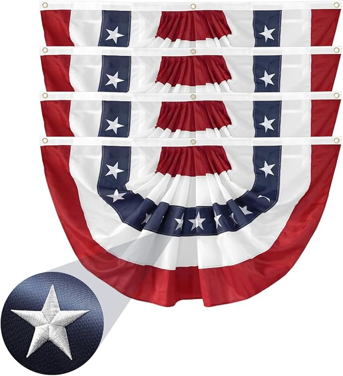 4Pack American Bunting Flags 2x4Ft USA Pleated Fan Flag 4th of July Patriotic Decorations Flag Embroidered Stars & Sewn Stripes Canvas Header Brass Grommets Decor Outside Porch Garden