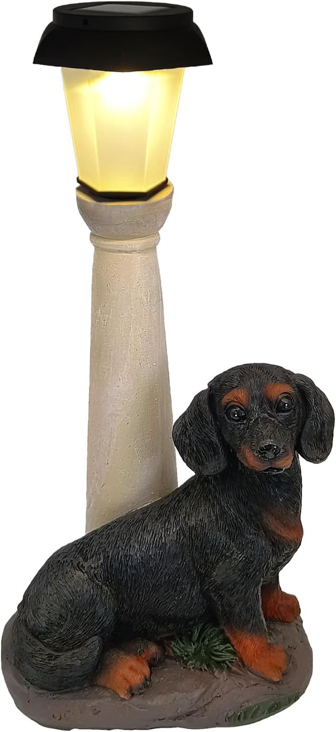 BAYN Solar Dog Garden Statues with Lantern, Resin Dachshund Sculpture with Warm White Light for Outside Lawn Porch Patio