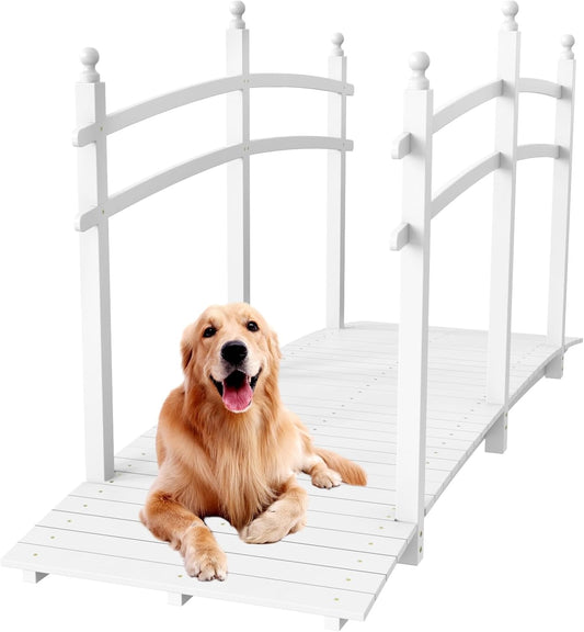 VINGLI Garden Bridge, Classic Wooden Arch with Safety Rails Footbridge (White, 7.5 ft)