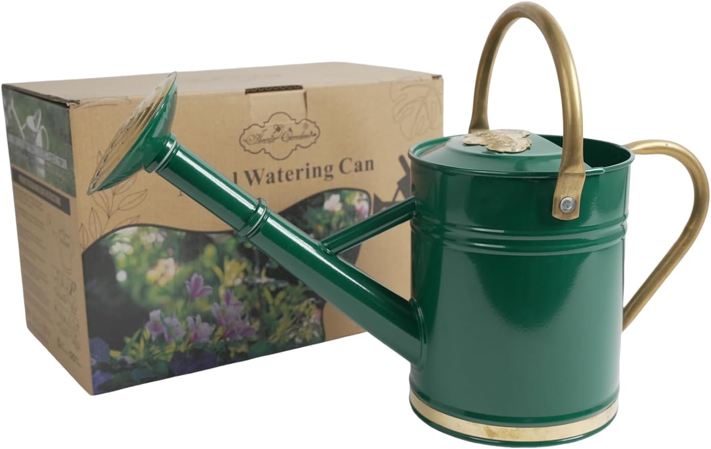 1 Gallon Galvanized Metal Watering Can with Solid Brass Sprout, Handle & Base Trim - Genuine Forged Copper Joints for Indoor/Outdoor Plants, Garden, Balcony for Kids and Adults (Emerald Brass)