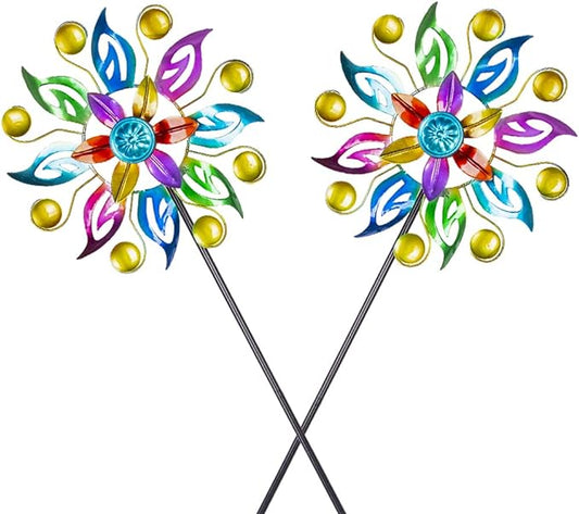 DREAMYSOUL 2 Packs Wind Spinners for Yard and Garden, Colorful Pinwheel Metal Wind Sculpture Outdoor Yard Art for Garden, Patio, Lawn Decor (11" Dia * 37.8" H)