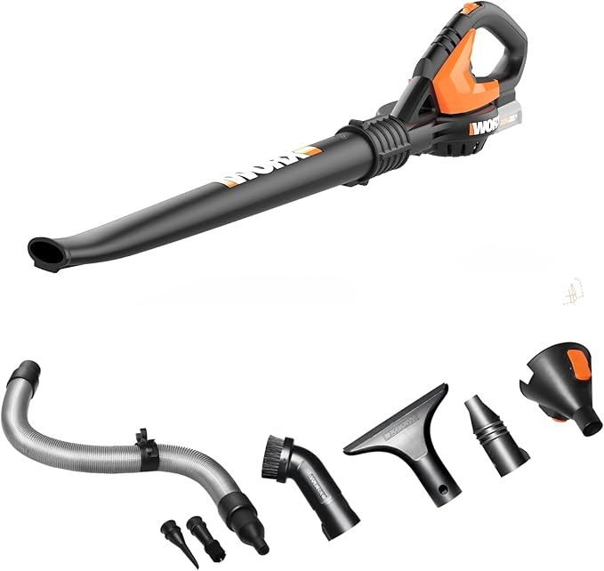WORX WG545.9 20V Cordless Leaf Blower, Electric Blowers for Lawn Care with 120 MPH & 2.7 Lbs, Long Nozzle Design for Narrow Spaces with Cleaning Attachments, Battery & Charger Not Included