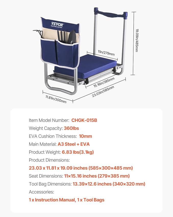 VEVOR Large Folding Garden Kneeler and Seat Heavy Duty, Widened 10" EVA Foam Pad, Portable Garden Stool with Tool Bags, Gardening Bench to Relieve Knee & Back Pain, Gifts for Seniors, Women, Parents