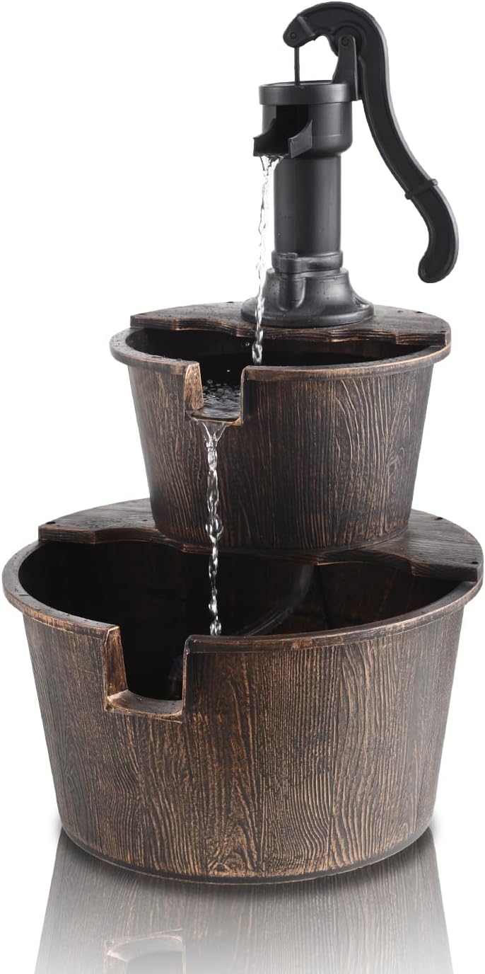YI 27-Inch 2 Tier Water Fountains Outdoor Waterfall Barrel Fountain Pump Garden 2-Tier Barrel and Pump Waterfall Fountain, Plastic for Garden Patio Backyard Porc