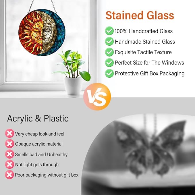 Sun and Moon Suncatcher Stained Glass Window Hanging - Handmade Stain Glass Suncatchers with Chain - Sun Catchers Indoor Window Glass Panel for Home Decor Garden Thanksgiving Valentines Day Gifts