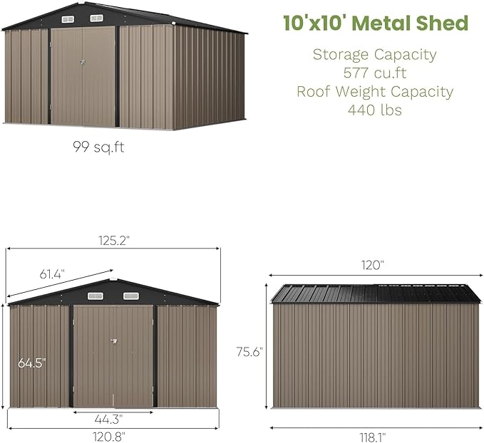 Greesum 10x10FT Outdoor Storage Shed, Utility Tool Shed Metal Storage Garden Shed with Door & Lock for Patio Storage, Brown