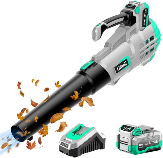 Litheli 20V Cordless Leaf Blower 350 CFM 85 MPH, Variable Speeds Electric Leaf Blower Battery Powered for Blowing Leaves, Dust, Snow, 4.0 Ah Battery & Fast Charger Included
